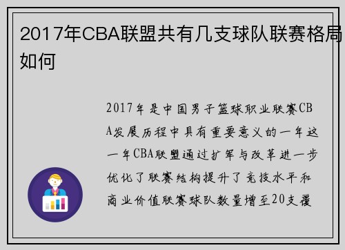 2017年CBA联盟共有几支球队联赛格局如何